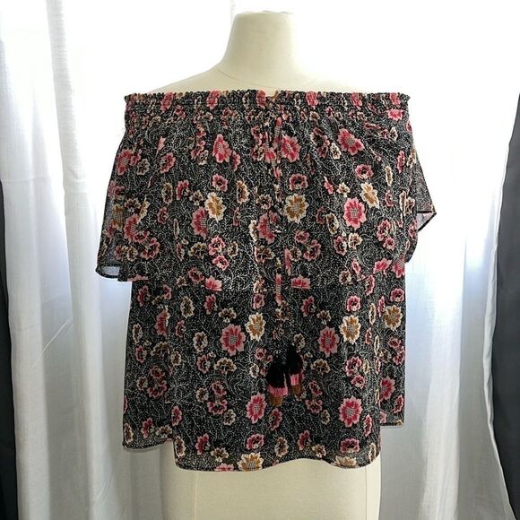 Rebecca Minkoff Ghiradelle Off Shoulder Ruffled Top Small Floral Black halter - Picture 3 of 11